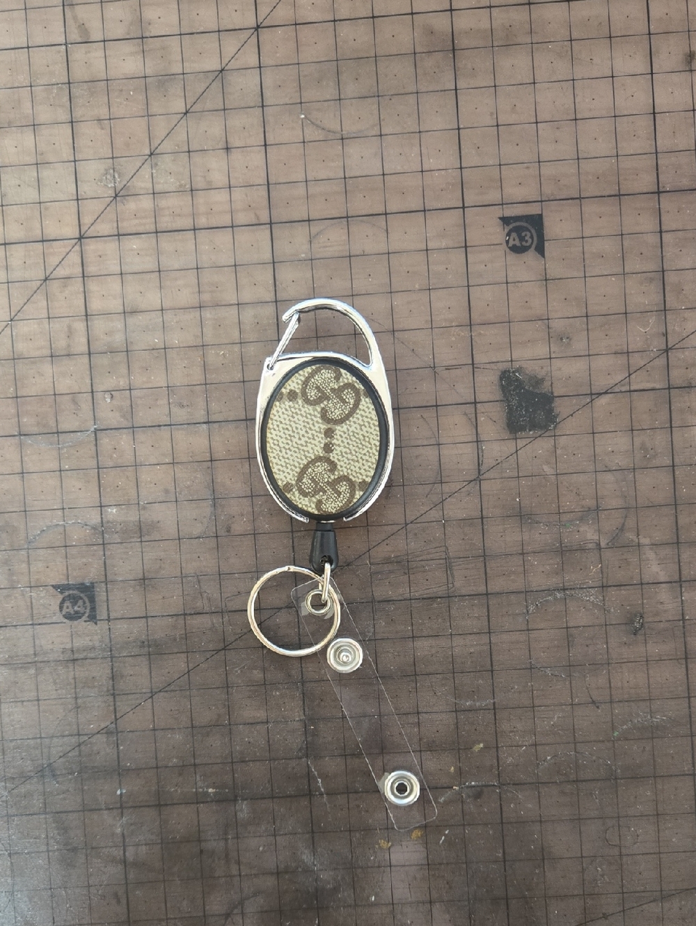 Beige and Gold Monogram Retractable Badge Reel Keyring